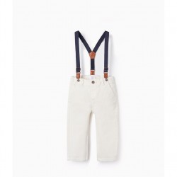 TWILL PANTS WITH SUSPENDERS FOR BABY BOY, WHITE