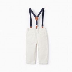 TWILL PANTS WITH SUSPENDERS FOR BABY BOY, WHITE