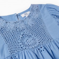 COTTON CROCHET AND ENGLISH EMBROIDERY DRESS FOR GIRL, BLUE
