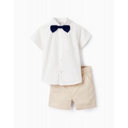 SHIRT + BOW + SHORTS FOR BABY BOY, WHITE/BEIGE