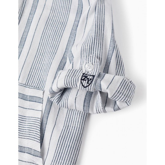 STRIPED HOODED SHIRT FOR BABY BOYS 'B&S', WHITE/BLUE