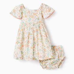 FLORAL DRESS + DIAPER COVER FOR BABY GIRL, BEIGE