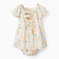 FLORAL DRESS + DIAPER COVER FOR BABY GIRL, BEIGE