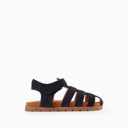 LEATHER STRAPPY SANDALS FOR BOYS, DARK BLUE