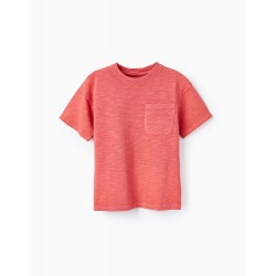 COTTON JERSEY T-SHIRT WITH POCKET FOR BOY, DARK CORAL