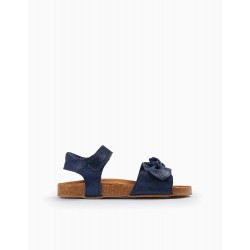 GLITTER LEATHER SANDALS WITH BOWS FOR GIRLS, DARK BLUE