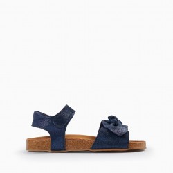 GLITTER LEATHER SANDALS WITH BOWS FOR GIRLS, DARK BLUE