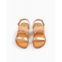 LEATHER SANDALS WITH BEADS FOR GIRLS, GOLD