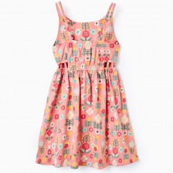FLORAL COTTON STRAP DRESS FOR GIRL, CORAL