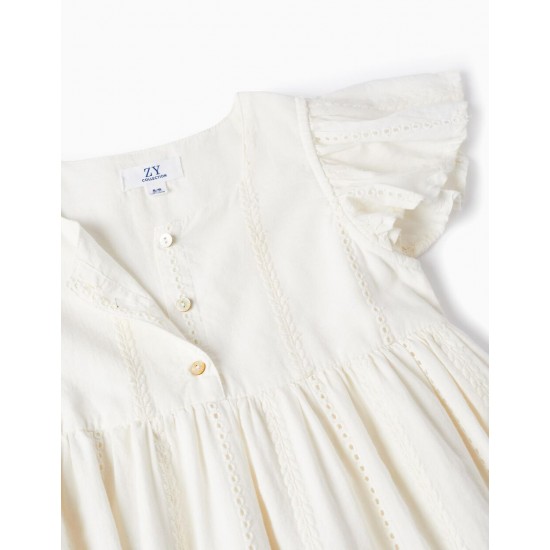 COTTON DRESS WITH EMBROIDERY FOR GIRLS, WHITE