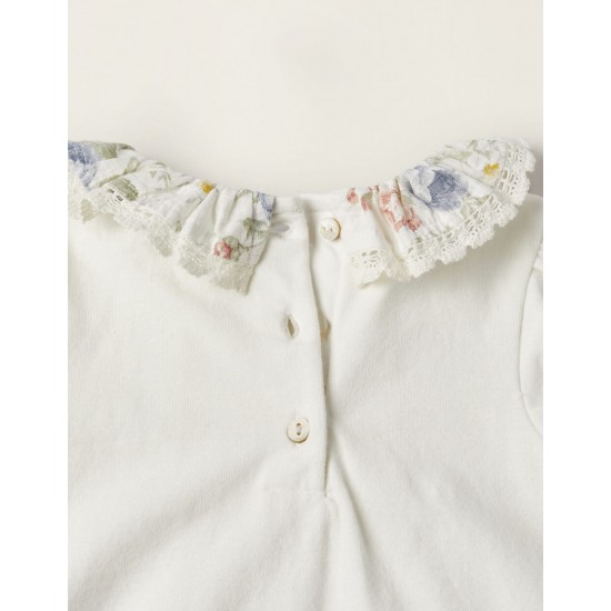 COTTON BODYSUIT WITH FLORAL NECK FOR NEWBORN, WHITE