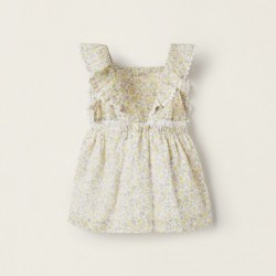 FLORAL COTTON DRESS FOR NEWBORN, WHITE/PINK/YELLOW