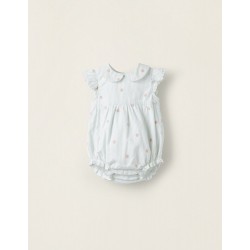 COTTON ROMPER WITH RUFFLES FOR NEWBORN 'FLORAL', WHITE/GREEN