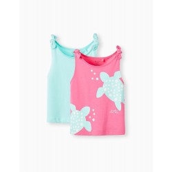 PACK 2 COTTON TOPS FOR BABY GIRL 'TURTLE', PINK/AQUA GREEN