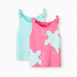 PACK 2 COTTON TOPS FOR BABY GIRL 'TURTLE', PINK/AQUA GREEN