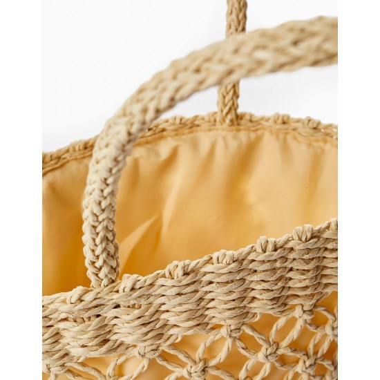 STRAW BAG WITH FABRIC INTERIOR FOR GIRL, BEIGE