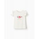 COTTON T-SHIRT WITH OPEN SHOULDERS FOR GIRLS 'FLOWERS', WHITE