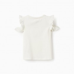 COTTON T-SHIRT WITH OPEN SHOULDERS FOR GIRLS 'FLOWERS', WHITE