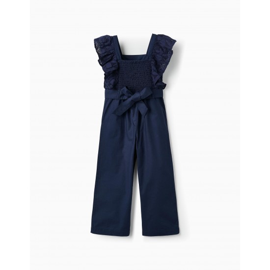 JUMPSUIT WITH RUFFLES AND ENGLISH EMBROIDERY FOR GIRL, DARK BLUE
