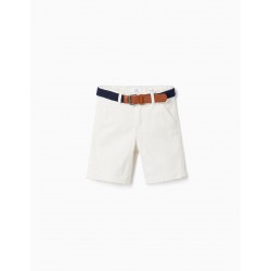 TWILL CHINO SHORTS WITH BELT FOR BOYS, WHITE