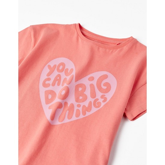 SHORT SLEEVE T-SHIRT FOR GIRLS 'YOU CAN DO BIG THINGS', CORAL