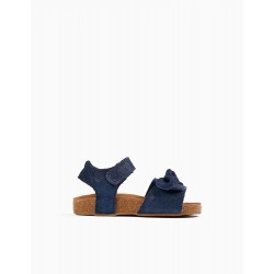 LEATHER SANDALS WITH GLITTER AND BOW FOR BABY GIRL, DARK BLUE