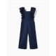 JUMPSUIT WITH RUFFLES AND ENGLISH EMBROIDERY FOR GIRL, DARK BLUE