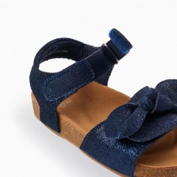 LEATHER SANDALS WITH GLITTER AND BOW FOR BABY GIRL, DARK BLUE