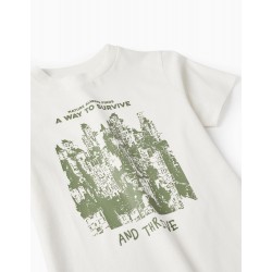 BOYS' COTTON T-SHIRT 'NATURE ALWAYS FINDS', WHITE
