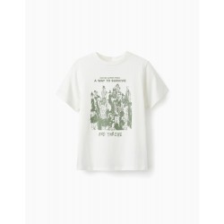 BOYS' COTTON T-SHIRT 'NATURE ALWAYS FINDS', WHITE