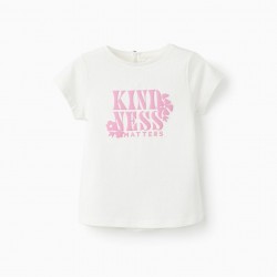 BABY GIRL SHORT SLEEVE T-SHIRT 'KINDNESS MATTERS', WHITE/PINK