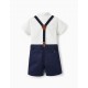 SHORT SLEEVE SHIRT + SHORTS WITH SUSPENDERS FOR BABY BOY, WHITE/BLUE