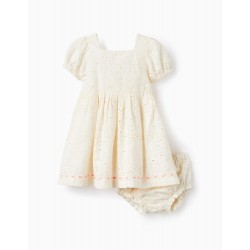 BABY GIRL DRESS + DIAPER COVER WITH ENGLISH EMBROIDERY, WHITE
