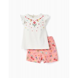 T-SHIRT + SHORTS FOR BABY GIRL 'FLOWERS', WHITE/CORAL