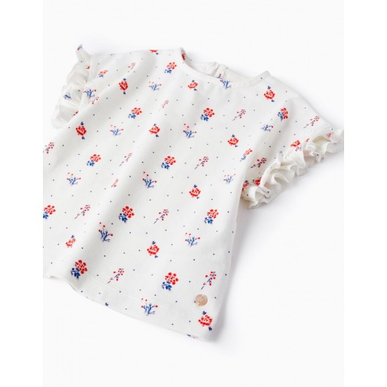 FLORAL COTTON T-SHIRT FOR BABY GIRL, WHITE