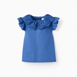 COTTON TOP WITH ENGLISH EMBROIDERY FOR BABY GIRL, BLUE