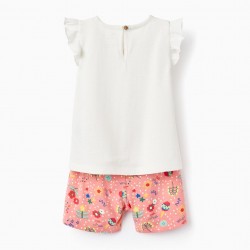 T-SHIRT + SHORTS FOR BABY GIRL 'FLOWERS', WHITE/CORAL