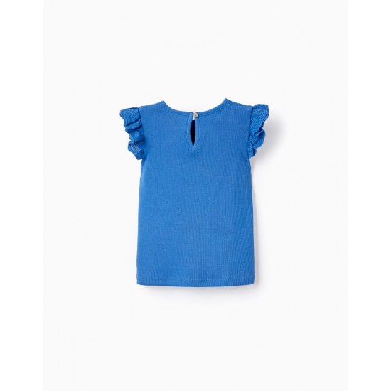 RIBBED RUFFLED T-SHIRT FOR BABY GIRL, BLUE