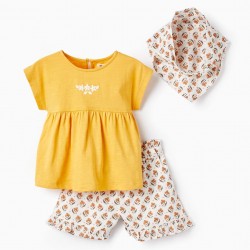 T-SHIRT + SHORTS + HAIR SCARF FOR BABY GIRL, WHITE/YELLOW