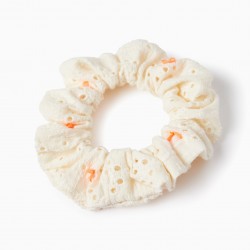 ELASTIC SCRUNCHIE WITH ENGLISH EMBROIDERY FOR BABY AND GIRL, WHITE/ORANGE
