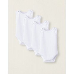 PACK OF 4 SLEEVELESS COTTON BODYSUITS FOR BABIES, WHITE
