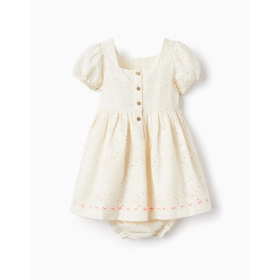 BABY GIRL DRESS + DIAPER COVER WITH ENGLISH EMBROIDERY, WHITE