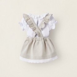T-SHIRT + DRESS WITH ENGLISH EMBROIDERY FOR NEWBORN, BEIGE/WHITE