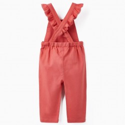 Linen And Cotton Jumpsuit With Ruffles And Lace For Baby Girls, Dark Pink