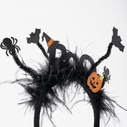 Headband With Feathers And Glitter For Baby And Girl 'Halloween - Boo', Black