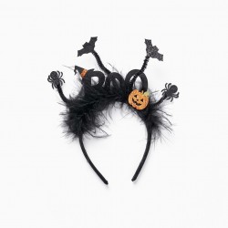 Headband With Feathers And Glitter For Baby And Girl 'Halloween - Boo', Black
