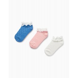 3 PACK PAIRS OF LUREX AND LACE SOCKS FOR GIRL, PINK/WHITE/DARK BLUE