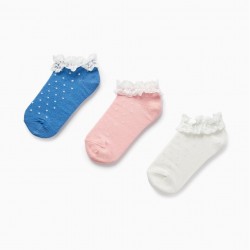 3 PACK PAIRS OF LUREX AND LACE SOCKS FOR GIRL, PINK/WHITE/DARK BLUE