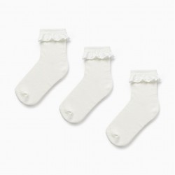 PACK 3 PAIRS OF ENGLISH EMBROIDERED SOCKS FOR GIRLS, WHITE