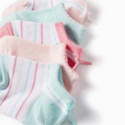 PACK 5 PAIRS OF STRIPED SOCKS FOR BABY GIRL, PINK/WATER GREEN